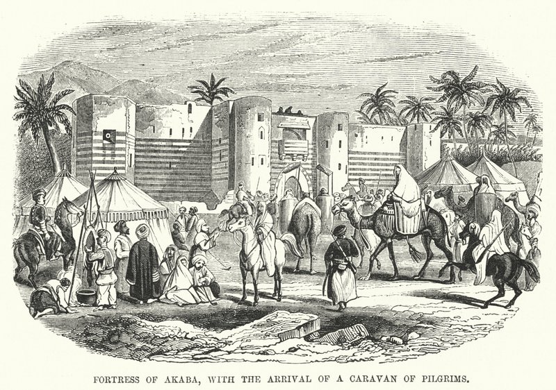 Fortaleza de Akaba, con la Llegada de una Caravana de Peregrinos (grabado) de English School