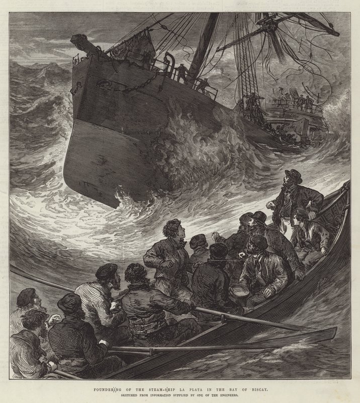 Hundimiento del barco de vapor La Plata en la Bahía de Vizcaya (grabado) de English School