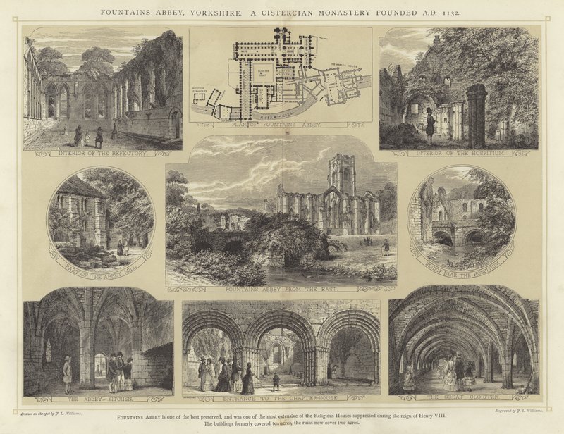 Abadía de Fountains, Yorkshire, un monasterio cisterciense fundado en 1132 d.C. de English School