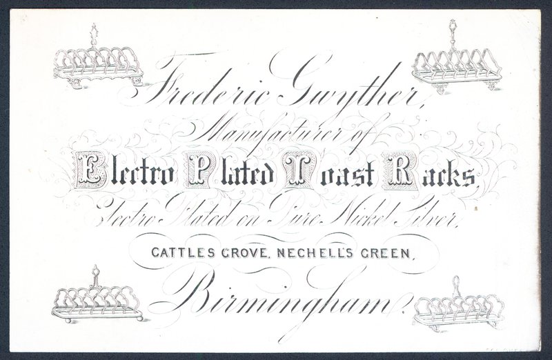 Frederic Gwyther, fabricante de rejillas para tostadas electrochapadas, tarjeta comercial de English School