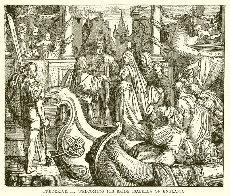 Federico II dando la bienvenida a su novia Isabel de Inglaterra de English School