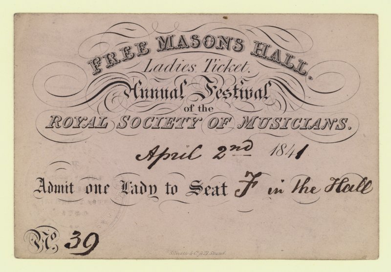 Entrada para damas, Festival Anual, Real Sociedad de Músicos, 2 de abril de 1841 de English School