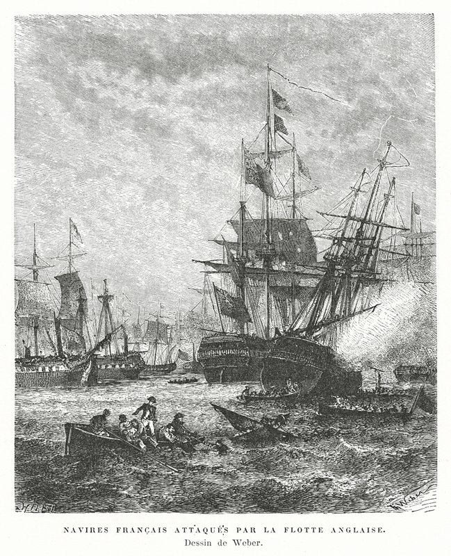 Buques de guerra franceses atacados por una flota británica de English School