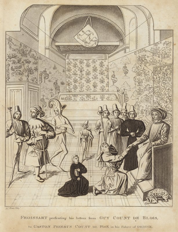 Froissart presentando sus cartas de Guy Court de Blois a Gaston Phoebus, conde de Foix, en su palacio de Orthez de English School