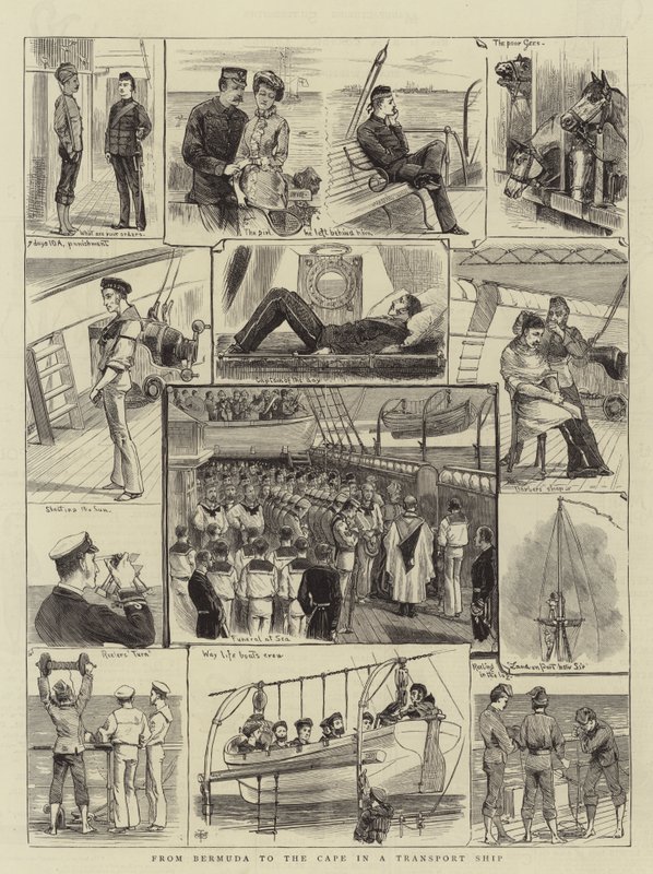 De Bermudas al Cabo en un barco de transporte (grabado) de English School