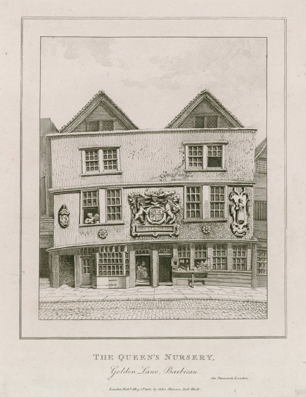 Frente del teatro Fortune, como se veía en 1800 después de haberse convertido en una tienda de English School