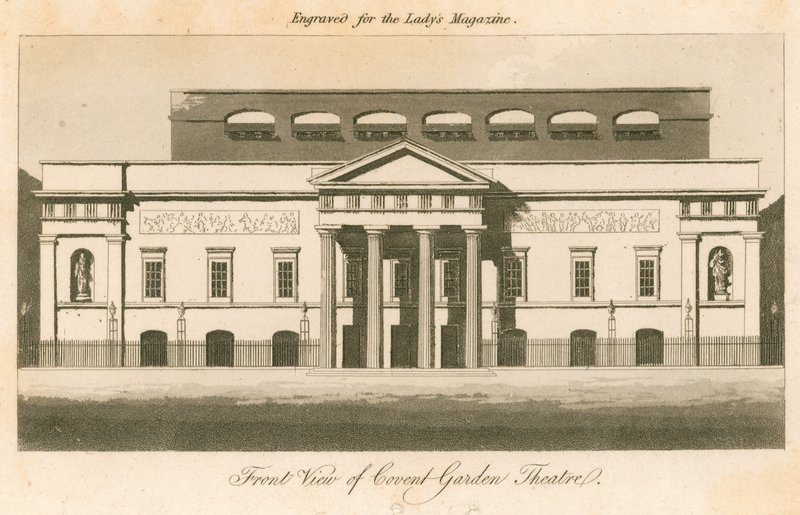 Vista frontal del teatro Covent Garden, Londres (grabado) de English School
