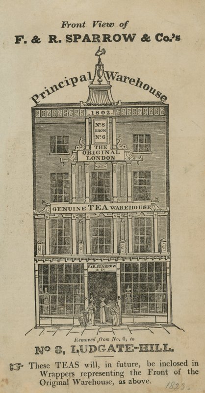 Vista frontal del almacén de Fred & Robert Sparrow & Co en Ludgate Hill de English School