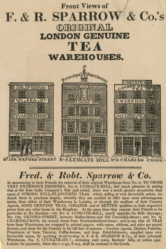 Vistas frontales de los almacenes de Fred & Robert Sparrow & Co de English School