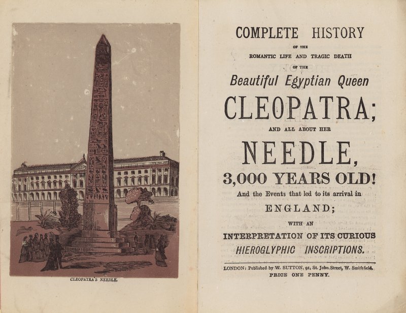 Portada y página de título de Historia completa de la vida romántica y muerte trágica de la hermosa Reina Egipcia Cleopatra de English School