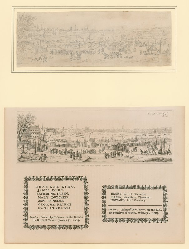 Feria de hielo en el Támesis, recuerdo impreso para el rey Carlos II y su familia, 1684 de English School