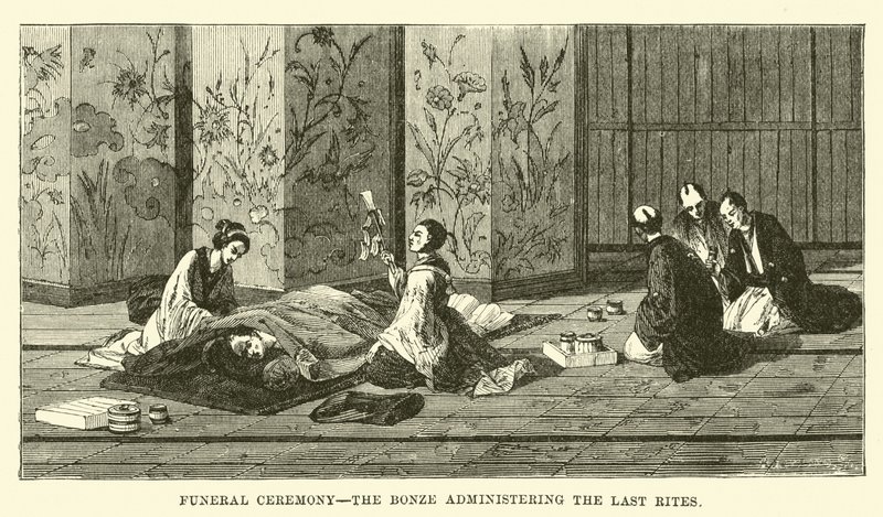 Ceremonia funeraria, el bonzo administrando los últimos ritos de English School