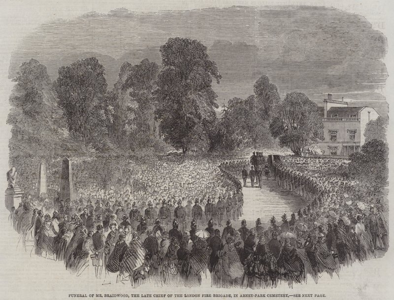 Funeral del Sr. Braidwood, el difunto jefe del Cuerpo de Bomberos de Londres, en el Cementerio de Abney-Park (grabado) de English School