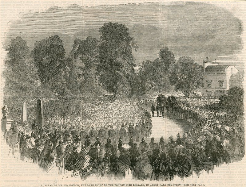 Funeral del Sr. Braidwood, el difunto jefe del Cuerpo de Bomberos de Londres, en el Cementerio de Abney Park, Londres de English School