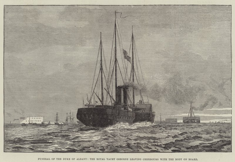 Funeral del Duque de Albany, el yate real Osborne saliendo de Cherburgo con el cuerpo a bordo de English School