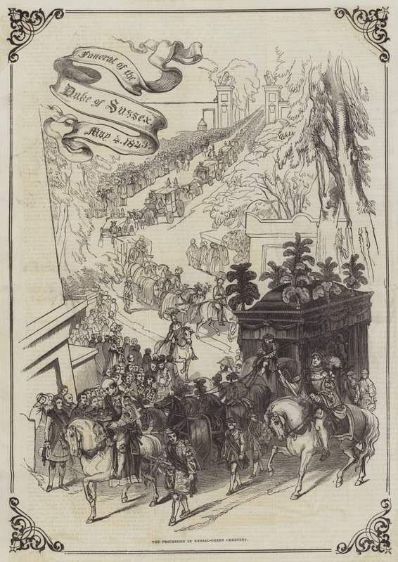 Funeral del Duque de Sussex, 4 de Mayo de 1843, la Procesión en el Cementerio de Kensal-Green (grabado) de English School