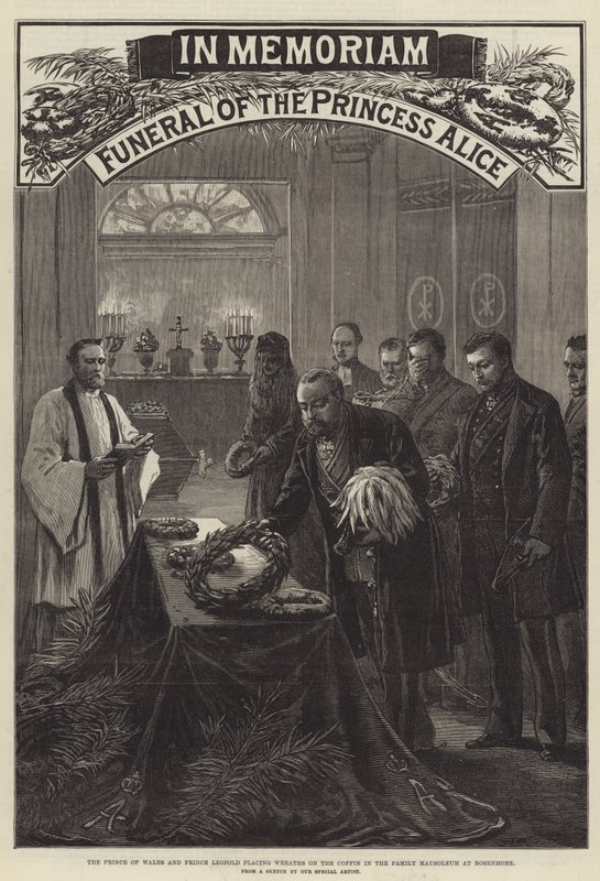 Funeral de la Princesa Alicia, el Príncipe de Gales y el Príncipe Leopoldo colocando coronas en el ataúd en el Mausoleo Familiar en Rosenhohe de English School