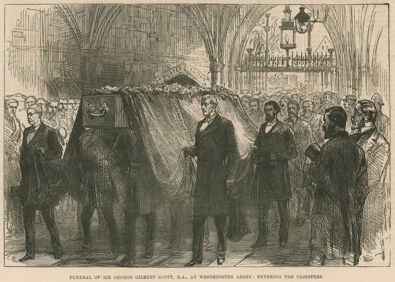 Funeral del difunto Sir George Gilbert Scott, RA, en la Abadía de Westminster, entrando en los claustros de English School