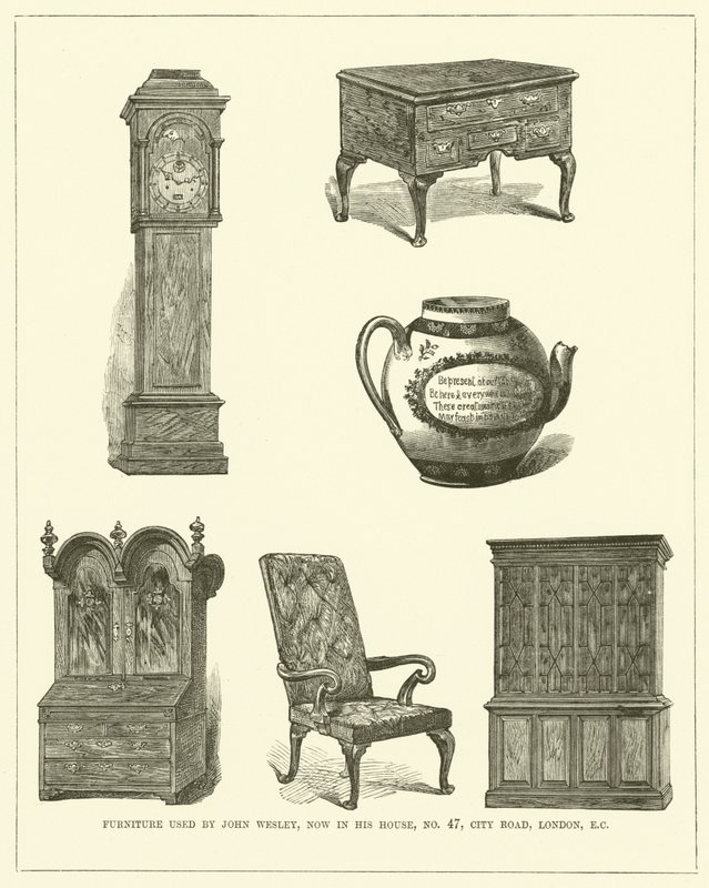 Muebles utilizados por John Wesley, ahora en su casa, nº 47, City Road, Londres, CE (grabado) de English School