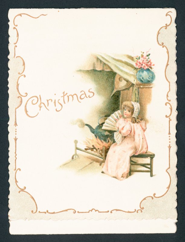 Niña sentada junto al fuego, tarjeta de Navidad de English School
