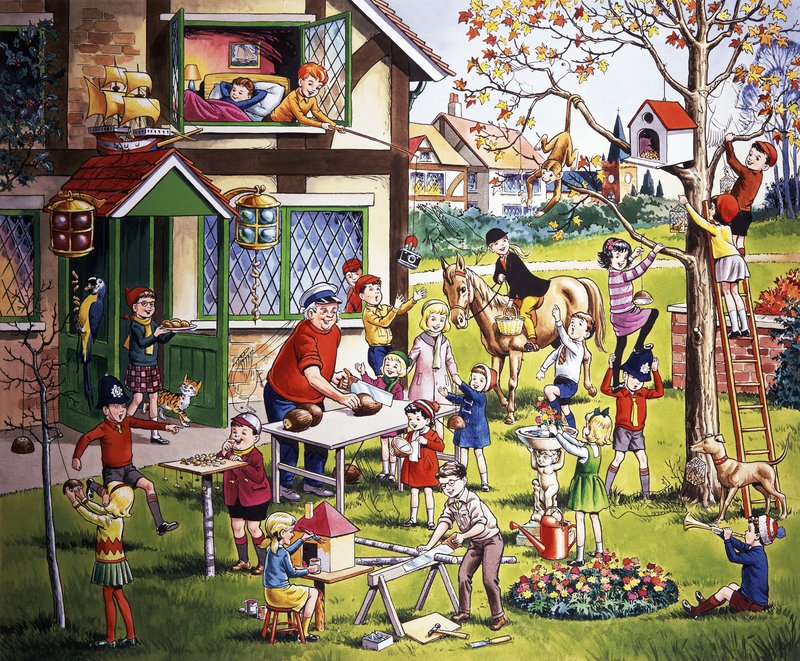 Escena de jardín con niños (con objetos ocultos) de English School