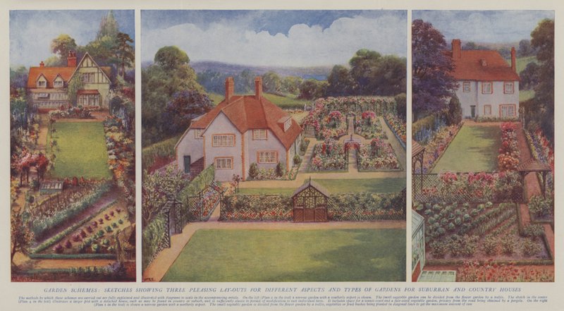Esquemas de jardines, bocetos que muestran tres diseños agradables para diferentes aspectos y tipos de jardines para casas suburbanas y de campo (litografía en color) de English School
