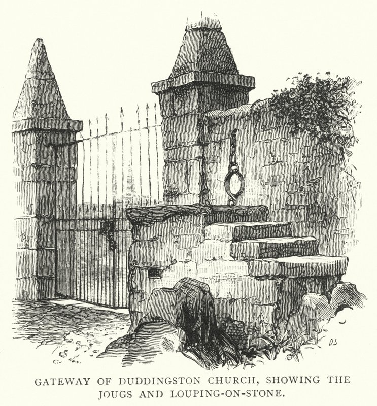 Puerta de la Iglesia de Duddingston, mostrando los Jougs y Louping-on-Stone (grabado) de English School