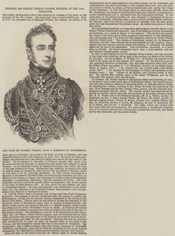 General Sir Robert Thomas Wilson, Coronel de los 15 Dragones de English School
