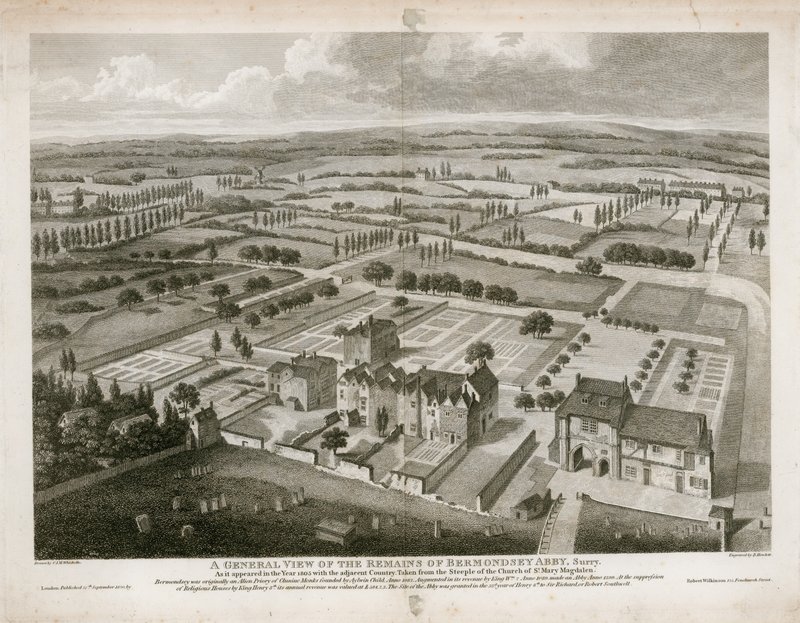 Vista general de los restos de la Abadía de Bermondsey, como apareció en 1805 de English School