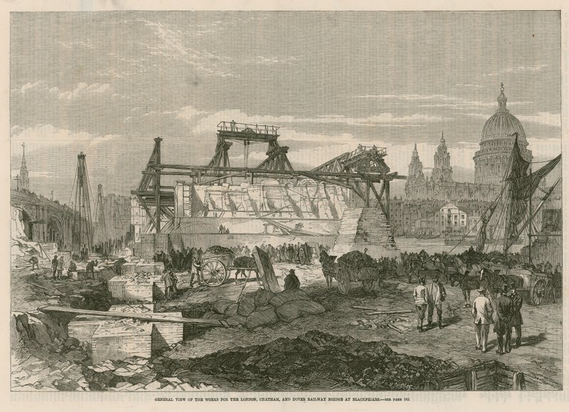 Vista general de las obras para el puente ferroviario de London, Chatham y Dover en Blackfriars de English School