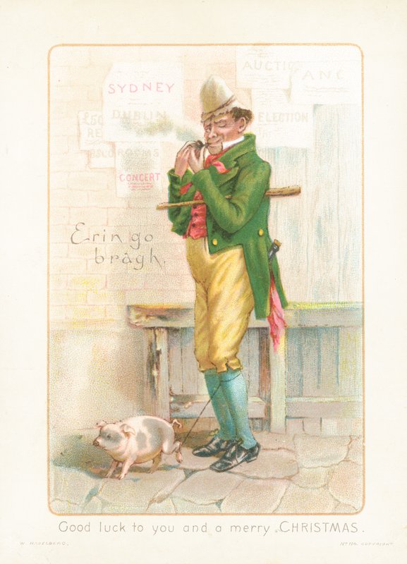 Caballero fumando pipa y paseando cerdo, Tarjeta de Navidad de English School
