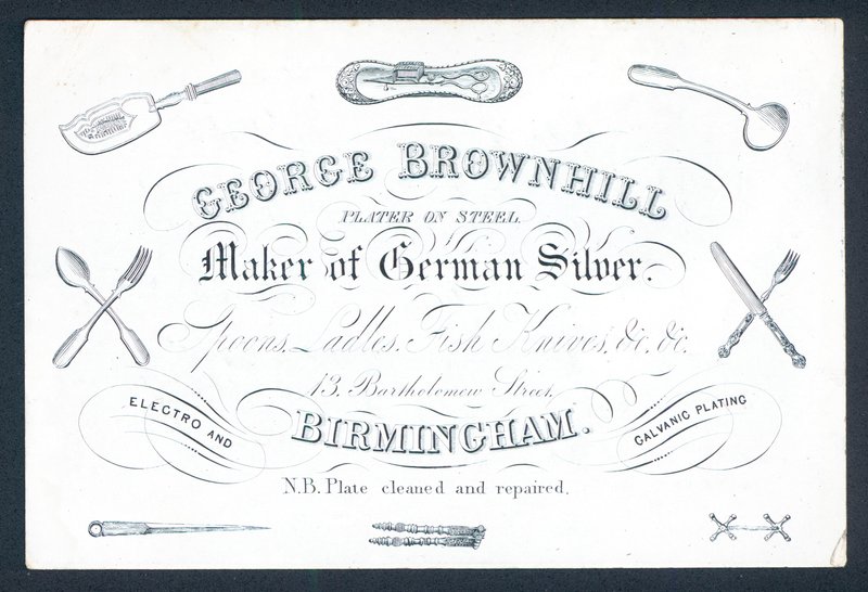 Tarjeta comercial de George Brownhill, fabricante de plata alemana de English School