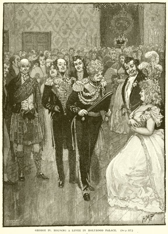 Jorge IV celebrando una recepción en el Palacio de Holyrood de English School