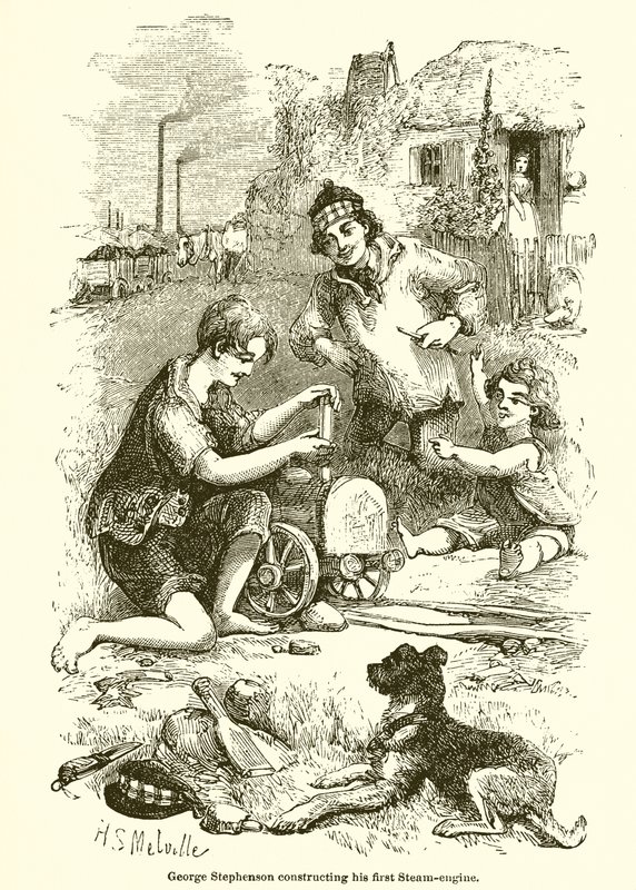 George Stephenson construyendo su primera locomotora de English School