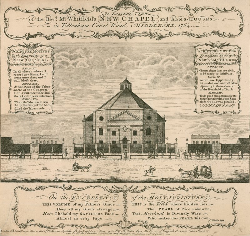 Nueva capilla y casas de beneficencia de George Whitefield en Tottenham Court Road, Londres, 1764 de English School