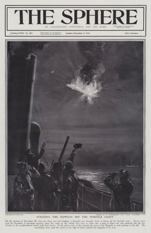Dirigible alemán Zeppelin derribado en llamas frente a la costa de Norfolk, Primera Guerra Mundial, 28 de noviembre de 1916 de English School
