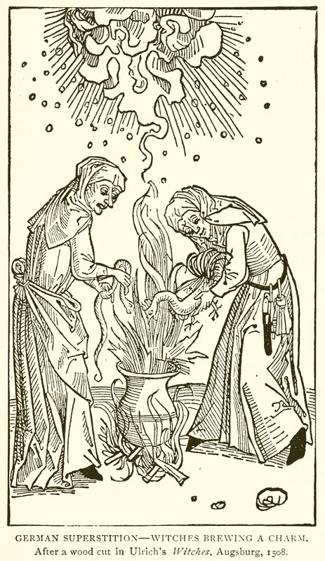 Superstición alemana--Brujas preparando un hechizo. Después de un grabado en madera en Ulrichs Witches, Augsburgo, 1508 de English School