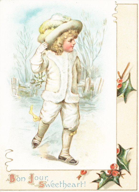 Niña patinando sobre hielo, tarjeta de Navidad de English School