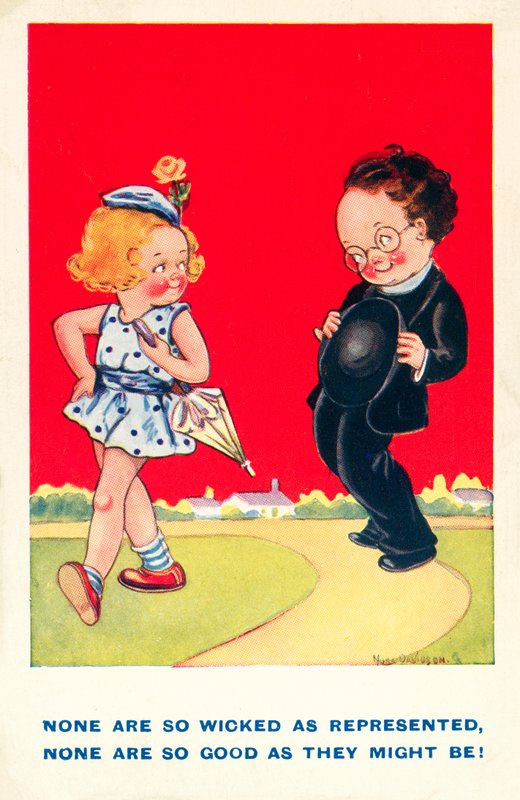 Chica y chico, buenos y malos (litografía en color) de English School