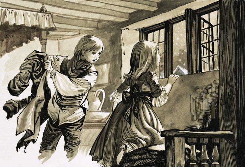 Niña y niño mirando hacia la nieve de English School