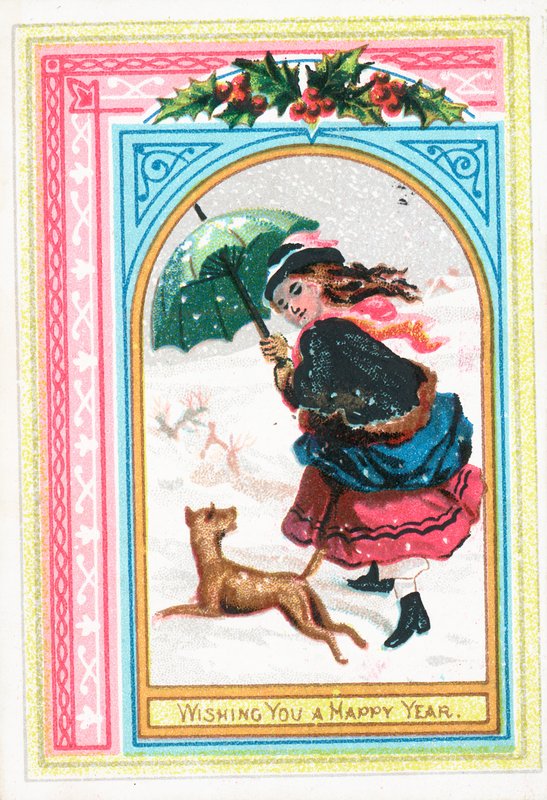 Niña y perro corriendo en la nieve, tarjeta de Año Nuevo de English School