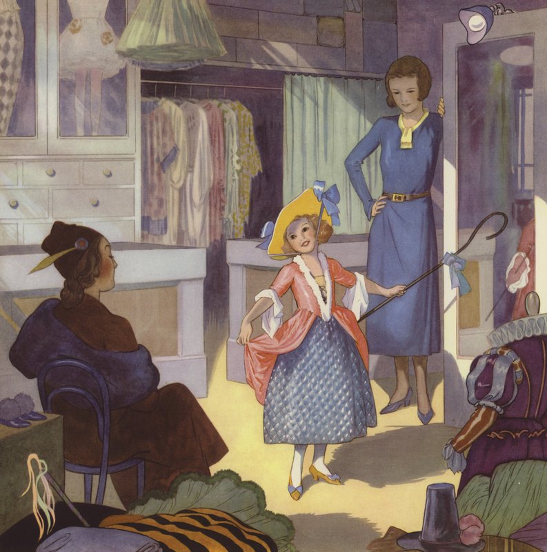 Niña disfrazada de Little Bo Peep (litografía en color) de English School