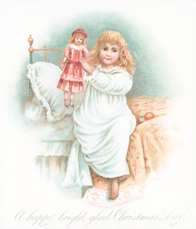 Niña levantándose de la cama en la mañana de Navidad con un regalo de English School