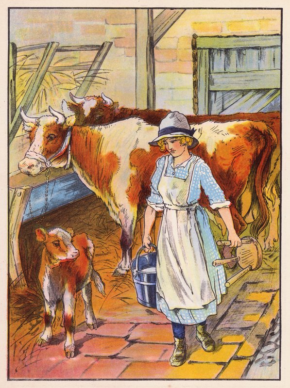 Niña ordeñando vacas (litografía en color) de English School