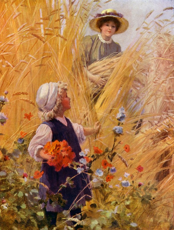 Niña recogiendo amapolas en un campo de maíz mientras una mujer recoge la cosecha (litografia en color) de English School
