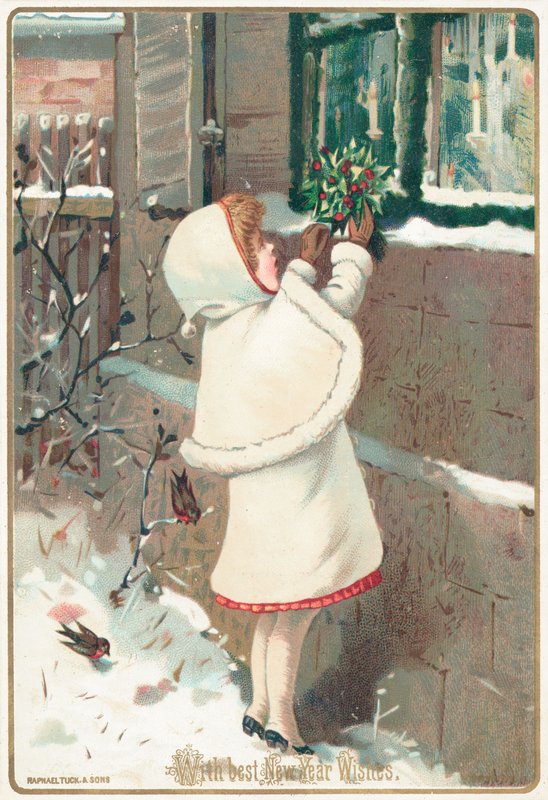 Niña colocando acebo en el alféizar de la ventana de English School