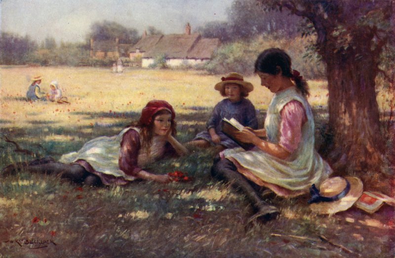 Niña leyendo un cuento de hadas a otros niños (litografia en color) de English School