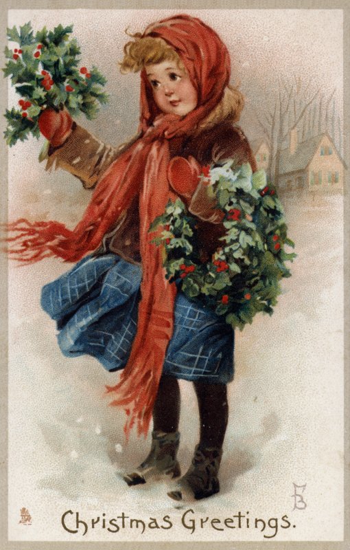 Niña vendiendo acebo y coronas de Navidad (cromolitografía) de English School