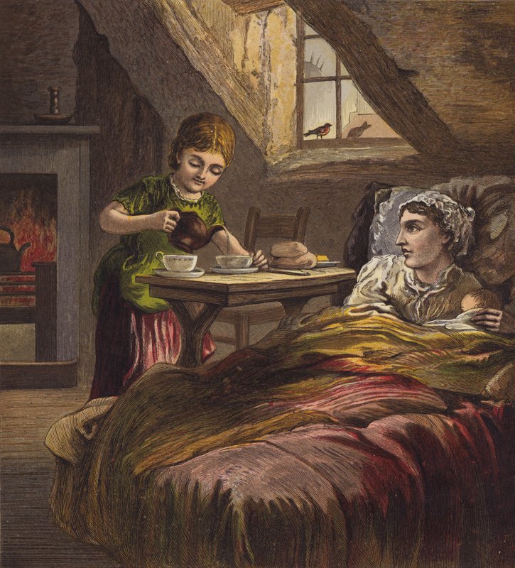 Niña sirviendo té a su madre enferma, en la cama con un bebé (litografía en color) de English School