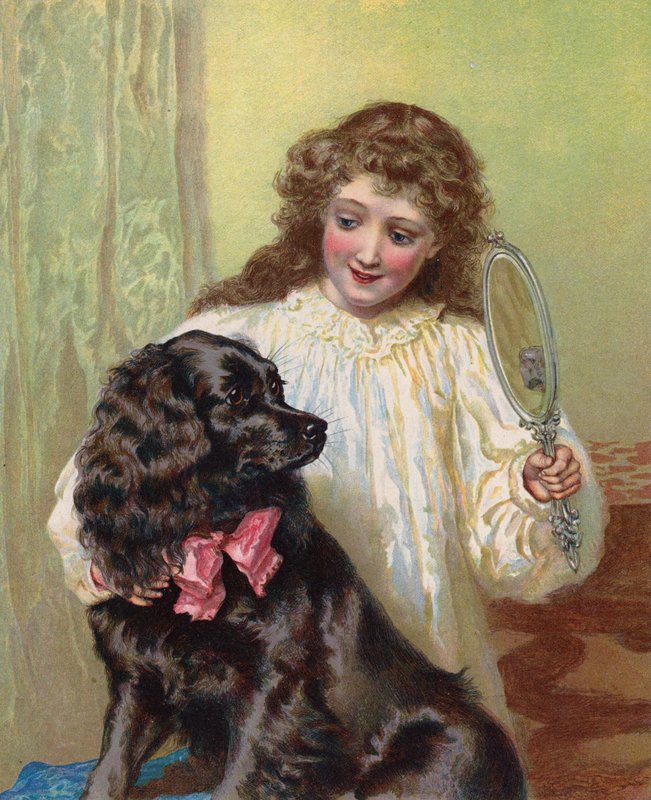 Niña mostrando a su perro mascota su reflejo en un espejo (chromolitho) de English School